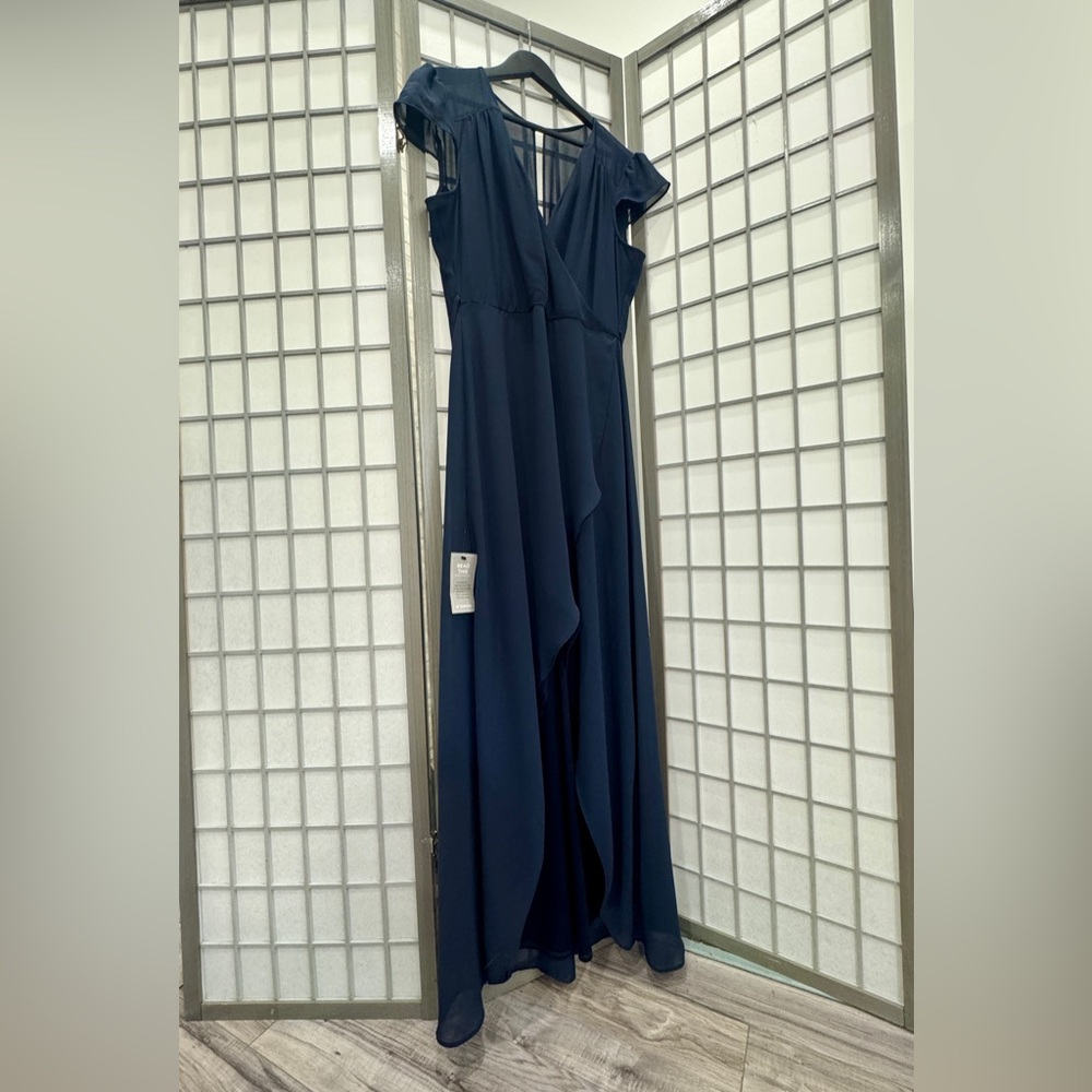 le chateau Navy Ruffle High-Low Maxi Dress